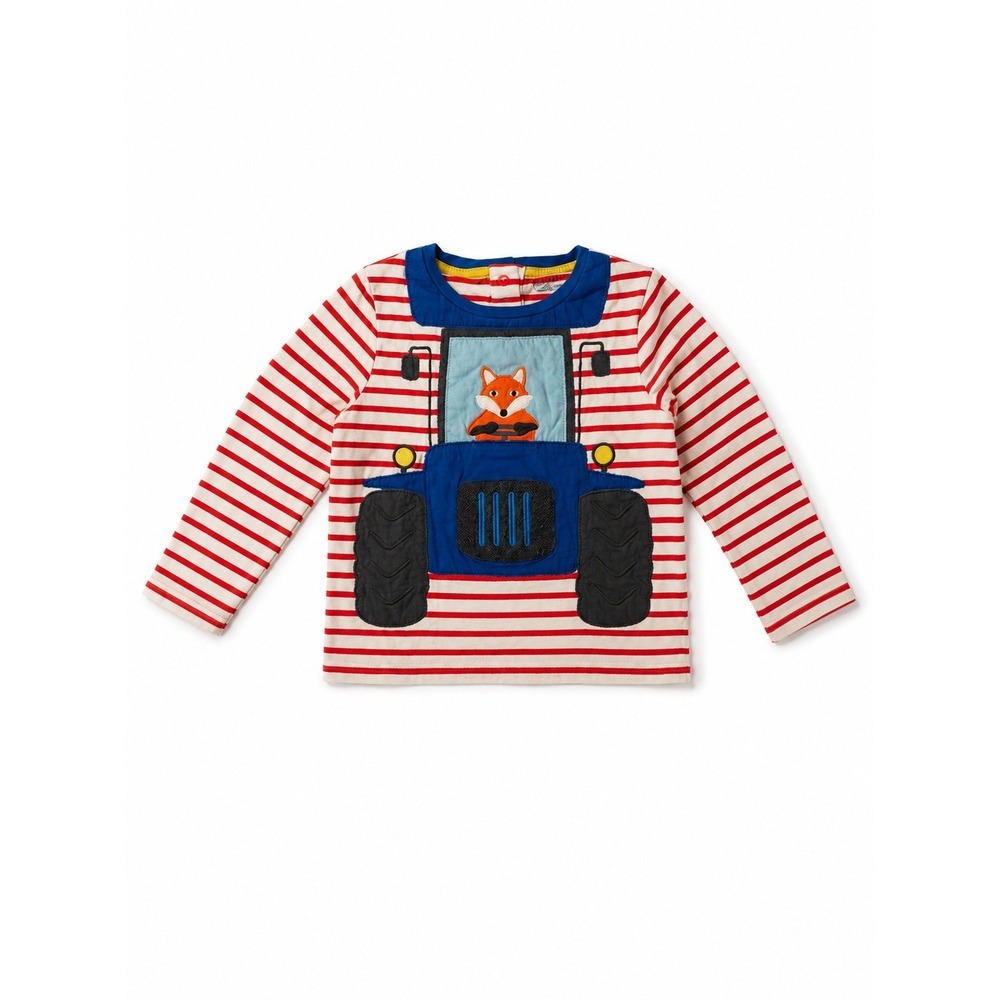 Baby Boden Boys Fox Tractor Applique Long Sleeve Top Red Stripe 2-3Y